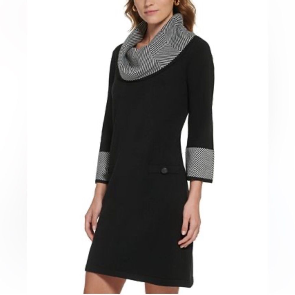 Eliza J Black Dress A Line Bell Sleeves Preppy Sweater Dress SZ XS